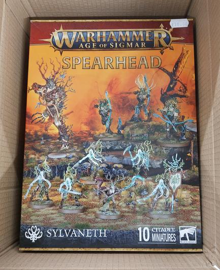 A box containing Warhammer Age of Sigmar Sylvaneth models that need to be made. Basically, they're angry trees!