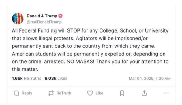 Un tweet de Trump disant que tout étudiant manifestant serait réprimé, renvoyé et les universités les couvrant verraient leur subventions stoppées.