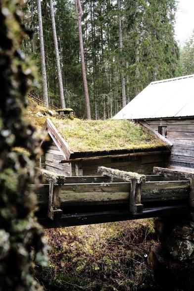 En mossbeklädd vattenränna ner till ett gammalt nedlagt vattendrivet sågverk.