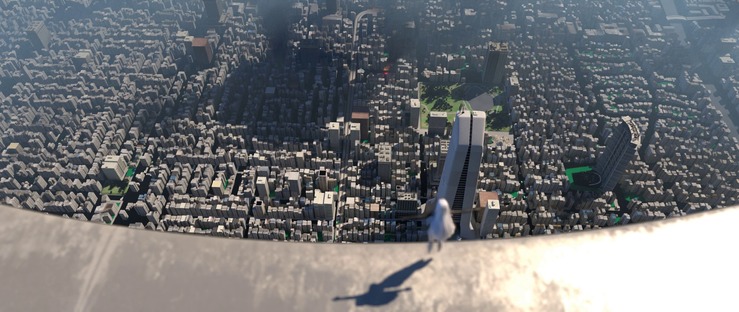 Still frame from a work-in-progress 3D animation depicting a figure looking over a burning metropolis