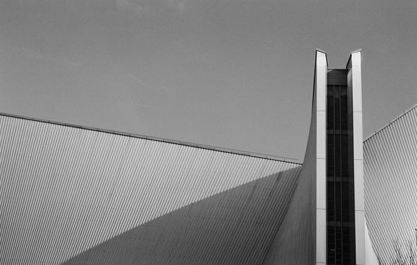Black and White Photograph of St. Mary's Cathedral in Tokyo. The Cathedral was designed by Architect Kenzo Tange in 1964.