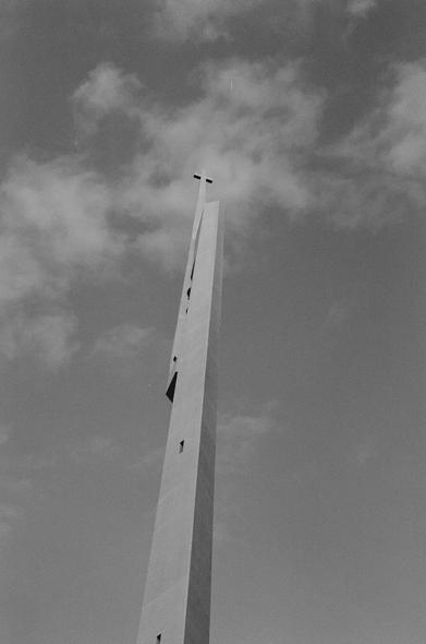 Black and White Photograph of the Bell Tower of St. Mary's Cathedral in Tokyo.