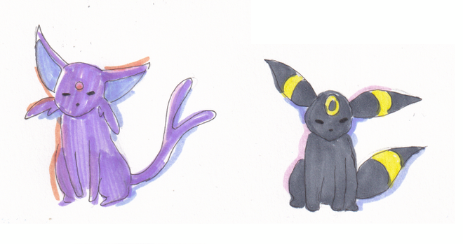 Umbreon and Espeon sitting next to each other. They both look sleepy