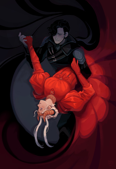 A digital illustration of Edelgard and Hubert from Fire Emblem 3 Houses. The two of them are dancing. Edelgard is being dipped, looking sidelong at the viewer. She is light brightly by a large spotlight. Hubert is dipping her, the majority of him outside of the light. He looks content. Their swirling dress and cloak cover the majority of the background.