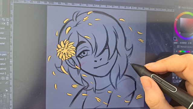 Work in Progress!

Sketch of Kris, from the game "Deltarune", looking at the viewer with a sift smile while having a yellow flower on the head