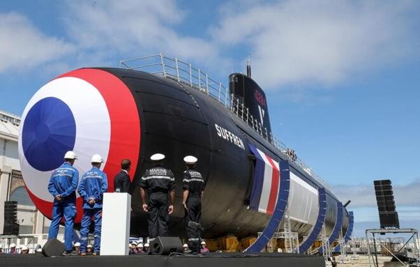Lancement du nouveau sous-marin nucléaire français « Suffren » à Cherbourg, le 12 juillet 2019. © Photo Ludovic Marin / AFP
