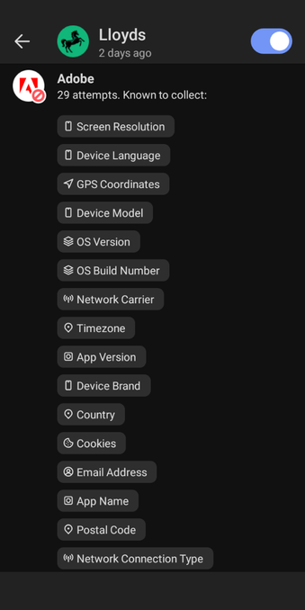 the DuckDuckGo browser's Anti-Tracking function showing how the Lloyd's app has a seriously different approach to privacy then it claims