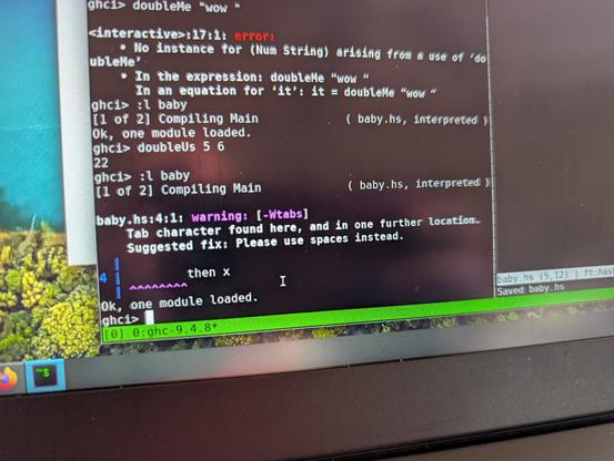 It's a shot of part of my laptop screen. GHCi, the Haskell interpreter is telling me that only losers use tabs.