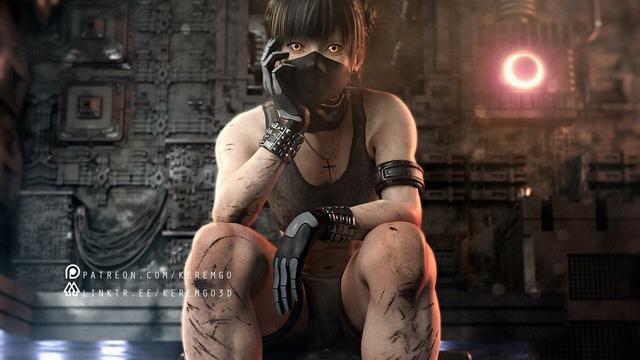 a cute female cyborg character sitting relaxed on top of a box in a futuristic environment