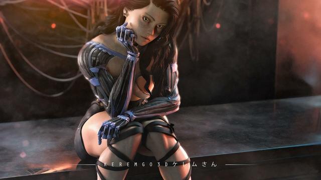 portrait of a female cyborg with mechanical arms sitting in a high tech environment with neon lights