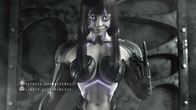 a strong female cyborg character with long hair, glowing eyes, broad shoulders and mechanical arms