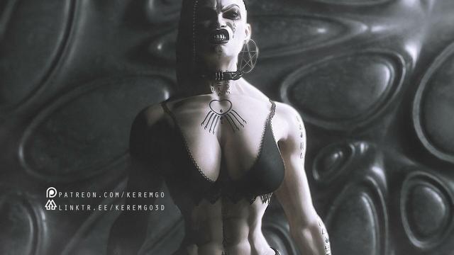 a pretty badass looking female cyborg character with snarling face