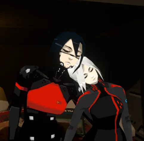 Two characters from the game Signalis.
One is leaning against the other's shoulder
Both of their eyes are closed
The camera is zoomed in.