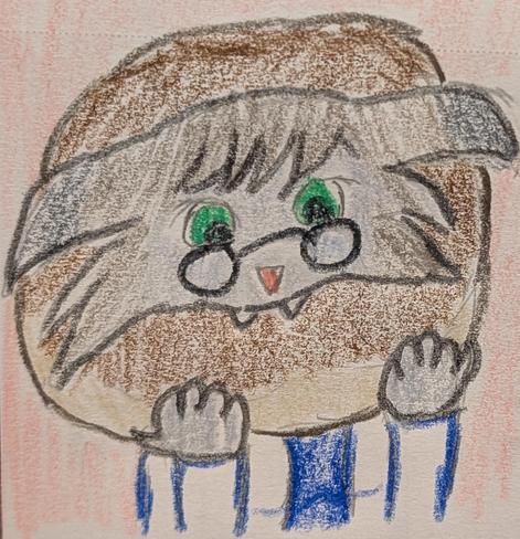 Color pencil drawing of Dr. Silva Leon, an anthro cat woman, biting into a giant donut that is around her head.