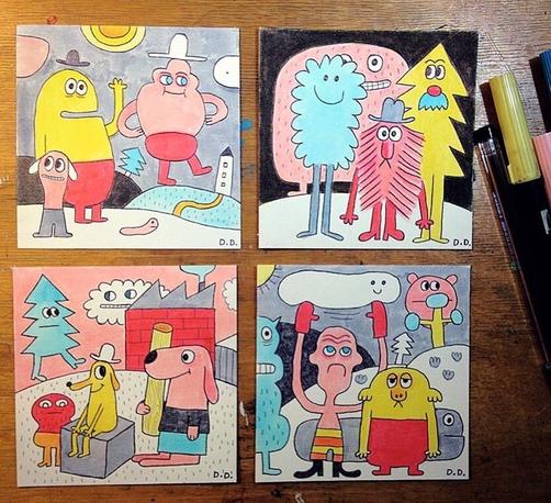 4 dessins aux feutres - couleurs limités - format 10x10 cm
