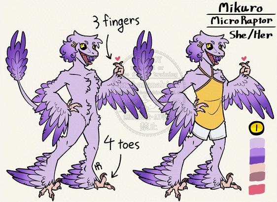Digitally drawn character reference sheet of an anthro micro raptor girl with several shades of purple feathers, named Mikuro. She has short curly feather hair with hair pins in it. She is wearing a yellow long-length camisole and white shorts.