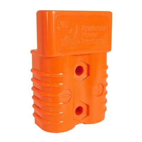 A product photo of an Anderson SB175 electrical connector housing.  It is bright orange, has ribs on its sides to improve grip when disconnecting it, and a couple of locations for screws to attach an optional pull handle.

These connectors are famous for being "genderless" - two of them connect to each other perfectly.  The SB175 is rated for carrying hundreds of amps, and even hot-plugging while carrying 100 amps.  They are commonly used as the connectors on rechargeable electrical industrial equipment such as forklifts, cherry pickers, and the like.