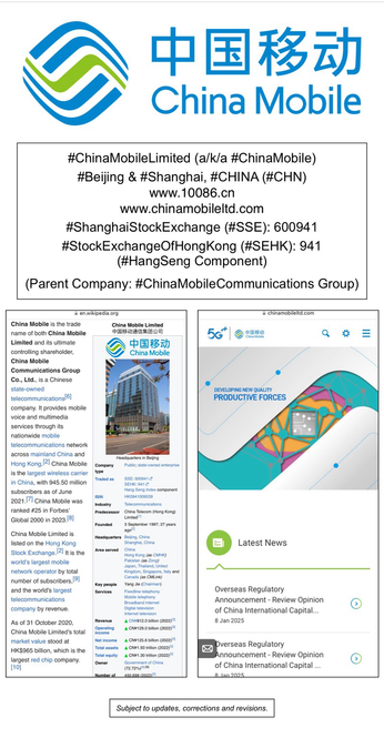 Wikipedia article and company website information for China Mobile Limited (Beijing & Shanghai, China).