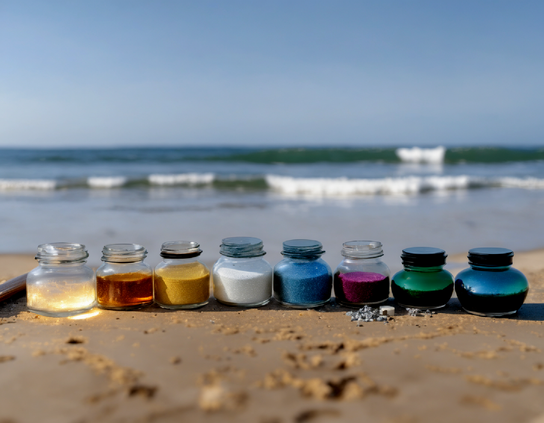 A row of small glass jars filled with vibrant variously colored magical pigments, two of them glowing, on a sandy ocean beach. The rest of the image is blurred, leaving the paints as the only objects in focus.