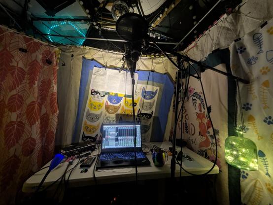 A cubicle apparently made out of colorful fleece blankets: on the left a cream blanket with red leaves the size of your head. On the right a white blanket with blue and yellow stylized fish skeletons and a white blanket with red foxes and green leaves. Directly ahead: a blanket with a matrix of somewhat abstract multicolor cat faces. The top of this cubicle is open, exposing a few struts, some rope lights, and the dark night sky through some polycarbonate. In the space is a small table with a laptop and some recording equipment. There is a mic stand holding two microphones. Various cables are visible. The light in the space is warm, due to an LED lamp and some fairy lights in a blue glass jar hung as a counterweight on the mic stand boom.