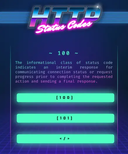 index page of the website linked above; vaporwave esque header reads "HTTP STATUS CODES" and the 1XX range status code description and links to 1XX subpages is visible.