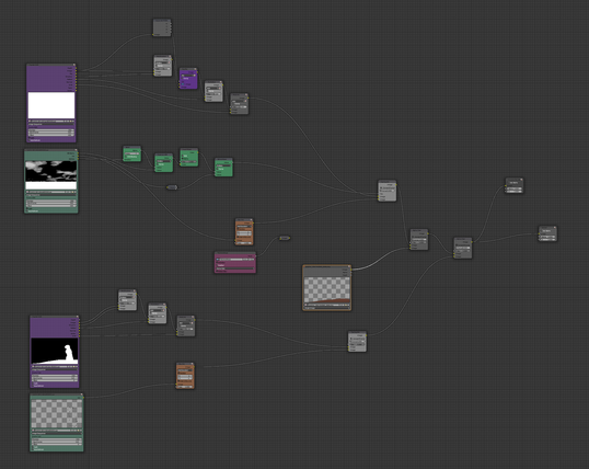 Compositing of three distinct elements into the shot. At the top are the nodes for the background EXR, while the Gopher EXR element is at the bottom. In between is a still image cel that provides the foreground surface the gopher is sitting on.