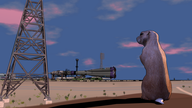 The resulting composited shot. We can see the Soyuz rolling down the track towards the launch pad in the background. In the foreground, a ground squirrel observes the activity.