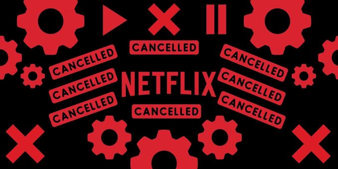 Picture showing Netflix logo, the world Cancelled around it and various shapes that show Play, Pause, X and a Gear. Black background and red coloring of said words and shapes.