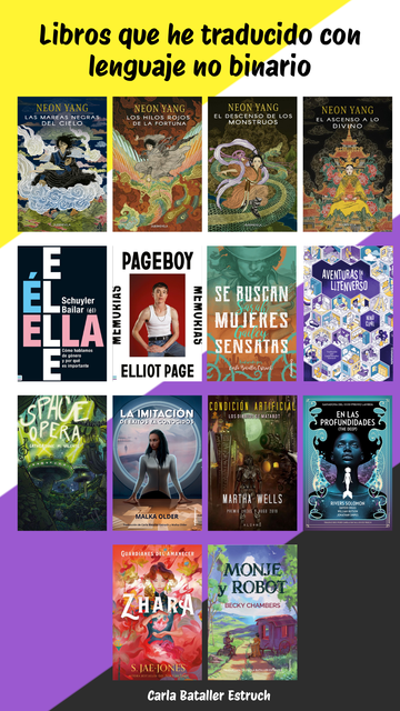 Imagen con el fondo de la bandera no binaria y que recopila las cubiertas de 14 libros. De arriba abajo, de izquierda a derecha, son: los cuatro libros de la saga del Tensorado, de Neon Yang; Él, ella, elle, de Schuyler Baylar; Pageboy, de Elliot Page; Se buscan mujeres sensatas, de Sarah Gailey; Aventuras en el Litenverso, de Nino Cipri; Space opera, de Catherynne M. Valente, La imitación de éxitos ya conocidos, de Malka Older; Condición artificial, de Martha Wells; En las profundidades, de Rivers Solomon; Zhara, de S. Jae-Jones; y Monje y Robot, de Becky Chambers.