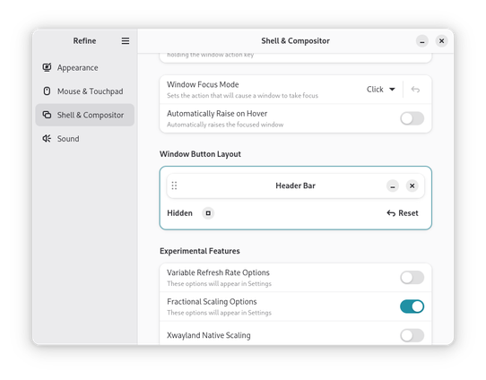 A screenshot of Refine, a program to tweak various aspects of GNOME.

The focus is on a new row, which shows a canvas with the possible window buttons, allowing them to be freely arranged.