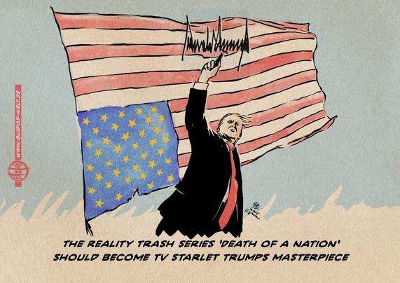 Illustration von Donald Trump, der vor stahlblauem Himmel und einer über Kopf wehenden US Flagge, internationales Zeichen für höchste Not, mit ausgestrecktem Arm seine Signatur in die Luft schreibt. Die Pose ist eine Adaption des ikonisch gewordenen Pressebildes bei dem Attentat auf ihn. Textzeile: The reallity trash series ‚death of a nation‘ should become TV Starlet Trumps Masterpiece.
