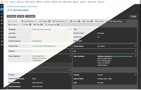 Screengrab of RiverLea on CiviCRM's Contact Dashboard, running the Minetta theme, base on the Greenwich theme. It's named after the river running under Greenwich, New York.