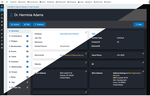 Screengrab of RiverLea on CiviCRM's Contact Dashboard, running the Walbrook theme, base on the Shoreditch & the Island theme. It's named after the river running under Shoreditch, London.