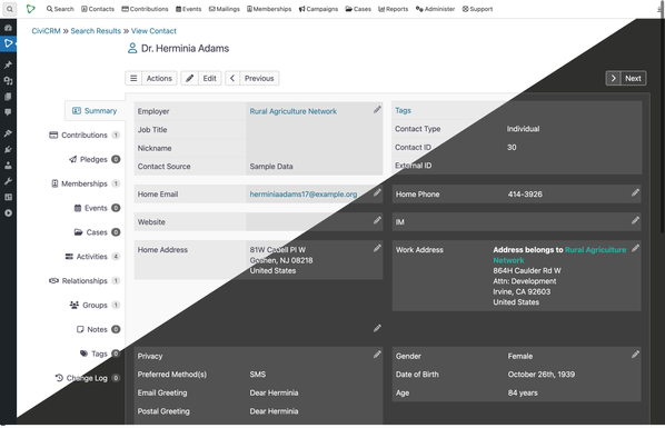 Screengrab of RiverLea on CiviCRM's Contact Dashboard, running the HackneyBrook theme, base on the Finsbury Park theme. It's named after the river running near Finsbury Park, London