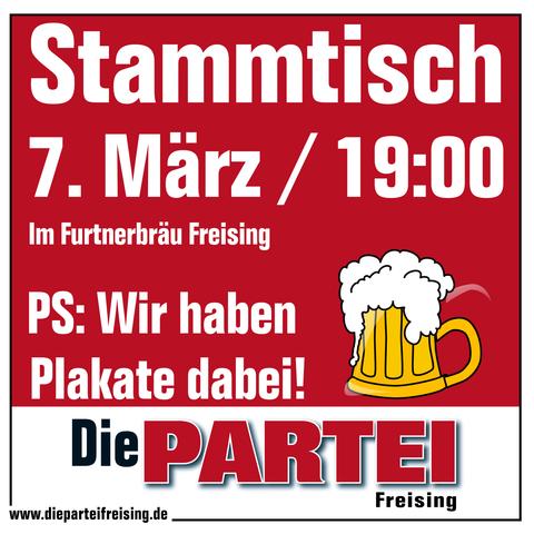Sharepic, auf dem steht, dass der Stammtisch am 7. März um 19 Uhr ist und wir Plakate dabei haben.