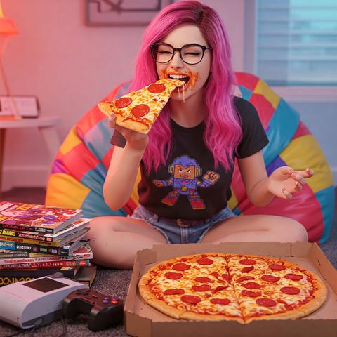 Geekgirl eating a pizza