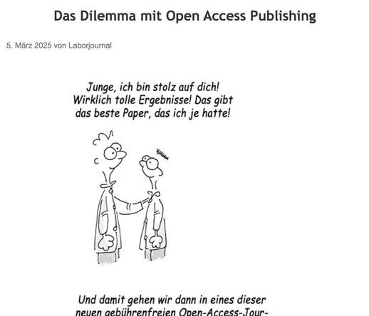 Überschrift "Das Dilemma mit Open-Access-Publishing" des im Post verlinkten Comics. Darunter das erste Bild des Comics mit Text sowie einem weiteren angeschnittenen Textfragment.