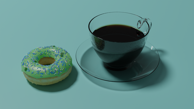 A 3D computer generated image of a doughnut with green frosting and blue, green and white sprinkles. Some of the sprinkles are four leaf clovers. Next to the doughnut is a glass saucer and cup with coffee in it.