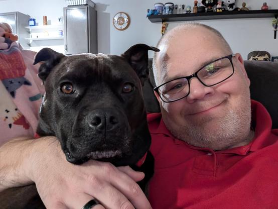 Selfie with Pepper (Black Lab / Staffy Mix) and I