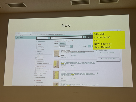 Picture of a slide showing Delpher as an example of a portal where you can seatch digitised newspapers.