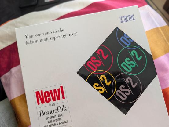 A picture of a Redbox of OS/2 warp V3 box reading "Your on-ramp to the information superhighway"