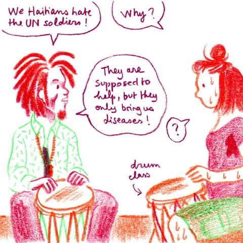 a rasta percussionnist teaching drum class to a young white woman talking about how Haïtians don't like UN soldiers