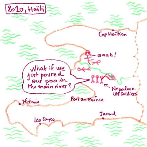 a map of HaIti with an explanation about how UN soldiers started a cholera epidemic in 2010, pouring their used waters into the main river