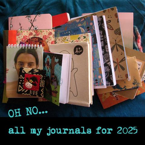 Messy pile of notebooks, sketchbooks, diaries, and journals. Text says: "On no... all my journals for 2025".