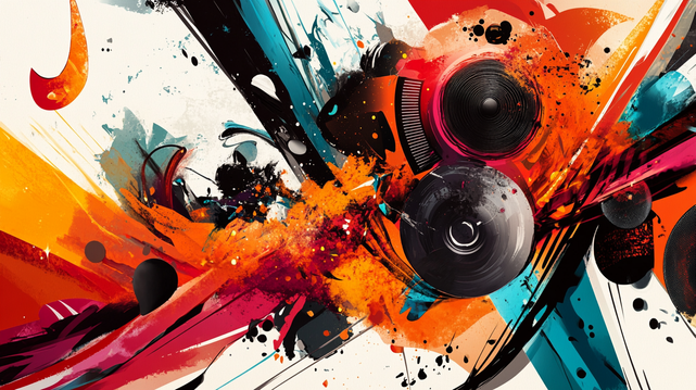 Explosion Rythmique
Une composition abstraite dynamique où des formes éclatantes de rouge, orange et bleu s'entrelacent avec des éléments musicaux stylisés, évoquant l'énergie d'un rythme puissant.
A dynamic abstract composition where vibrant red, orange, and blue shapes intertwine with stylized musical elements, evoking the energy of a powerful rhythm.