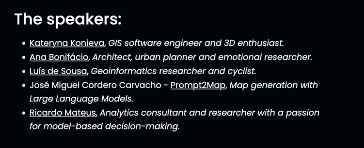 Speaker line-up for Geomob Lisbon on 19th March, 2025