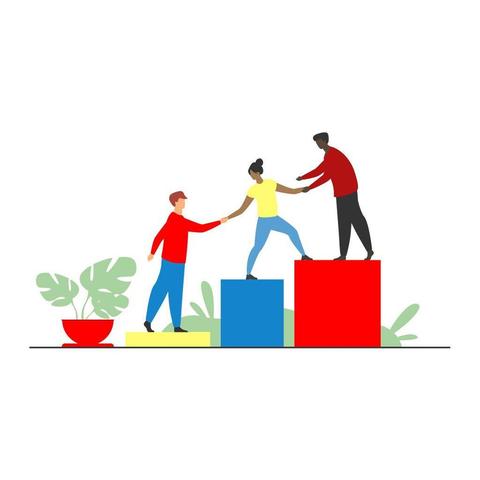 Illustration of three people on different sizes of blocks. Each reaches back to help the next up another level. (Copyright: surfupvector © 123RF.com)