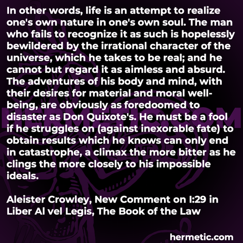 Hermetic quote Crowley New Comment Liber Legis The Book of the Law life attempt realize ones own nature soul fails recognize hopelessly bewildered irrational character universe real aimless absurd