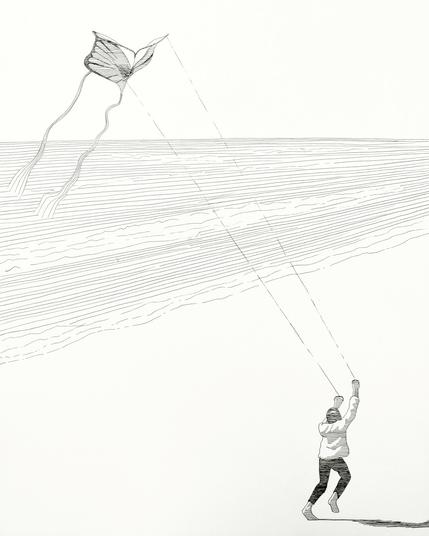 Ink drawing of a child flying a kite on a beach.