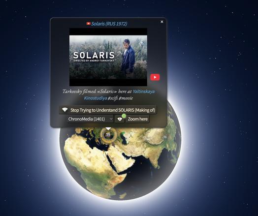 A globe with a popup window with a youtube cover of SOLARIS